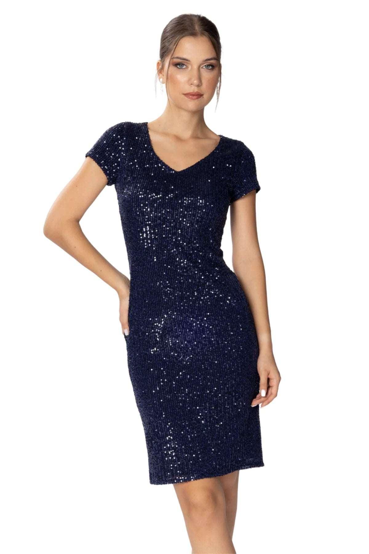 Payetli Kısa Abiye Elbise V Yaka Kısa Kollu Yırtmaçlı