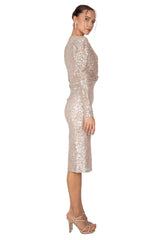 Payetli Midi Abiye Elbise Kruvaze Yaka Uzun Kollu Önden Yırtmaçlı - HOX'S