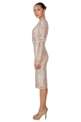 Payetli Midi Abiye Elbise Kruvaze Yaka Uzun Kollu Önden Yırtmaçlı - HOX'S