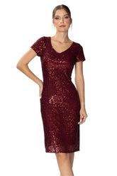 Payetli Kısa Abiye Elbise V Yaka Kısa Kollu Yırtmaçlı