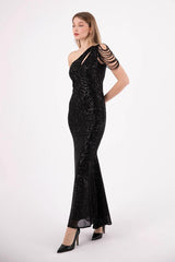 Helen | Pul Payetli Tek Omuz Maxi Balık Abiye Elbise