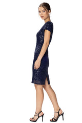 Payetli Kısa Abiye Elbise V Yaka Kısa Kollu Yırtmaçlı - HOX'S