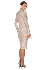 Payetli Midi Abiye Elbise Kruvaze Yaka Uzun Kollu Önden Yırtmaçlı