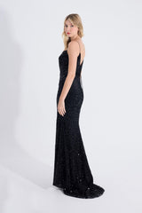 Clara | Pul Payetli Kadife İnce Askılı Maxi Balık Abiye Elbise