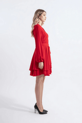 Париж | Длинное мини-платье с рукавами-фонариками и поясом