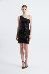 Николь | Вечернее мини-платье на одно плечо из бархата с пайетками