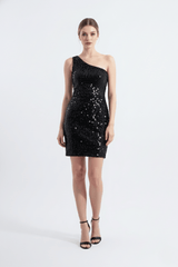 Николь | Вечернее мини-платье на одно плечо из бархата с пайетками
