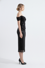 Гвен | Вечернее платье-карандаш миди с прозрачными бретельками, расшитое пайетками