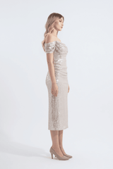 Gwen | Pul Payetli Şeffaf Askılı Midi Kalem Abiye Elbise