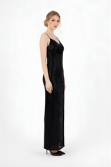 Monica | Pul Payetli İnce Askılı Uzun Abiye Elbise