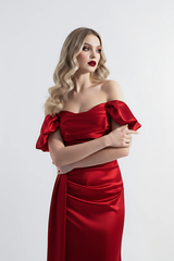 Cloe | Straplez Düşük Kol Maxi Saten Abiye Elbise