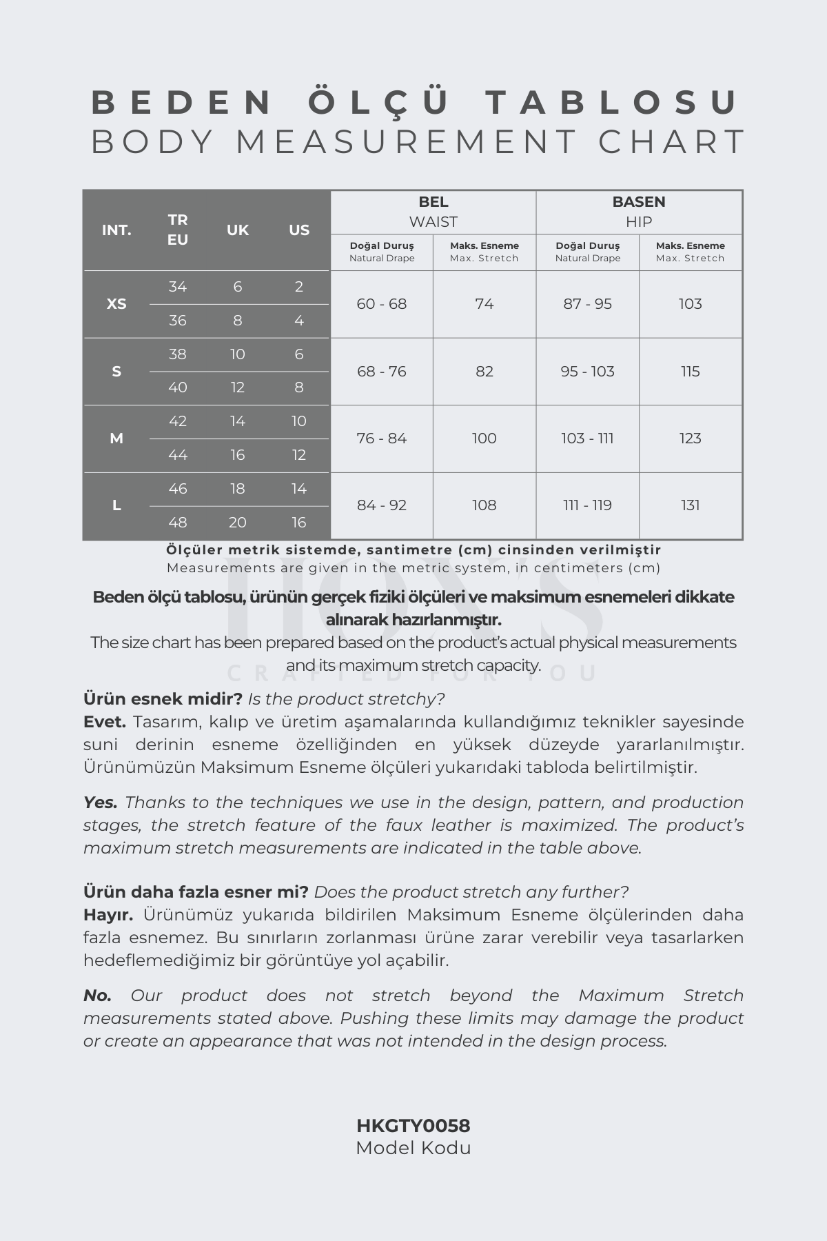 HOX'S Tiffany | Beden Ölçü Tablosu