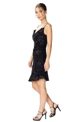 Payetli Mini Abiye Elbise Degaje Yaka İnce Saten Askılı Asimetrik Etekli Elbise HOX'S