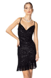 Payetli Mini Abiye Elbise Degaje Yaka İnce Saten Askılı Asimetrik Etekli Elbise HOX'S Siyah 34