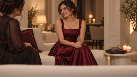 Bordo saten abiye giymiş kadın, mum ışıklı bir salonda misafiriyle sohbet ederken; kına gecesi için elbise seçimi
