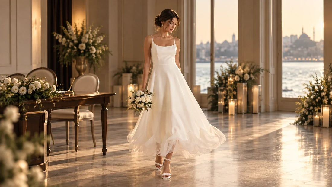 Beyaz ince askılı kloş elbiseli gelin, İstanbul manzaralı nikah salonunda yürüyor; nikah için elbise seçimi