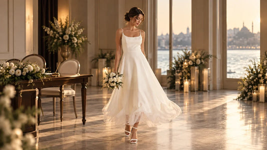 Beyaz ince askılı kloş elbiseli gelin, İstanbul manzaralı nikah salonunda yürüyor; nikah için elbise seçimi