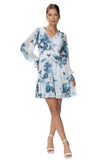 Çiçekli Şifon Elbise V Yaka Uzun Balon Kollu Fırfırlı - HOX'S