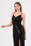 Emily Double-Breasted Neckline Thin Straps Low-cut Back Front Slit Long Straight Sequined Evening Dress