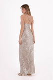 Emily Double-Breasted Neckline Thin Straps Low-cut Back Front Slit Long Straight Sequined Evening Dress