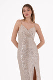 Emily Double-Breasted Neckline Thin Straps Low-cut Back Front Slit Long Straight Sequined Evening Dress