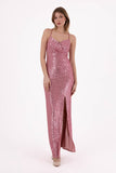 Emily Double-Breasted Neckline Thin Straps Low-cut Back Front Slit Long Straight Sequined Evening Dress