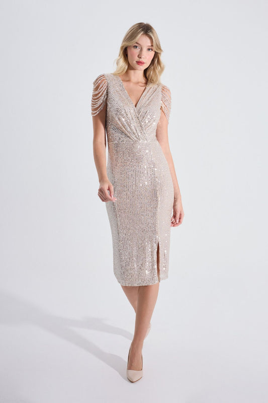 Sequined Midi Evening Dress Double Breasted Neckline Shoulders with Epaulettes Sleeveless Front Slit