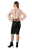 Glittery Vegan Leather Midi Pencil Skirt Fitted High Waist with Closed Slit