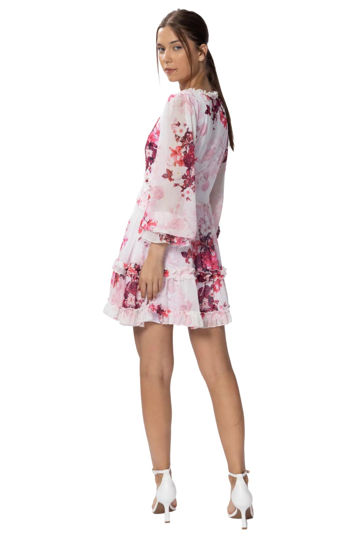 Çiçekli Şifon Elbise V Yaka Uzun Balon Kollu Fırfırlı - HOX'S