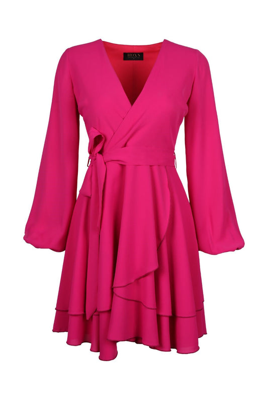 Lilly | Double Breasted Neck Long Balloon Sleeve Belted Flounce Mini Flared Dress