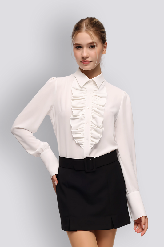 Silky Textured Ruffle Shirt with Cuffs Long Sleeve