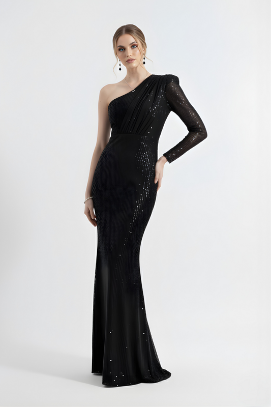 Tiffany | Sequined One Sleeve Maxi Fishtail Evening Dress