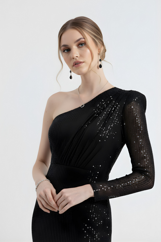 Tiffany | Sequined One Sleeve Maxi Fishtail Evening Dress