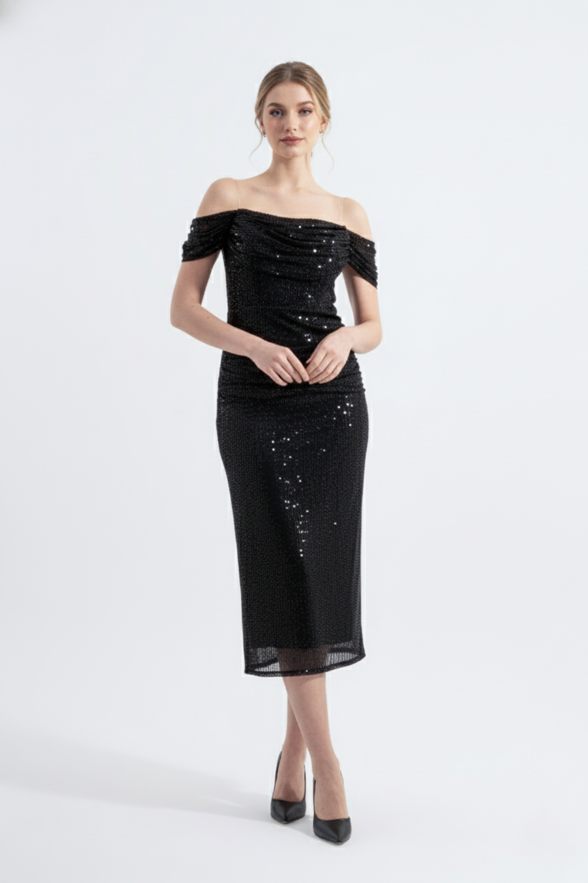 Гвен | Вечернее платье-карандаш миди с прозрачными бретельками, расшитое пайетками
