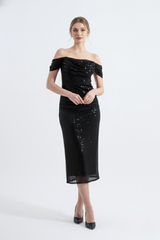 Гвен | Вечернее платье-карандаш миди с прозрачными бретельками, расшитое пайетками