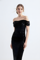 Гвен | Вечернее платье-карандаш миди с прозрачными бретельками, расшитое пайетками