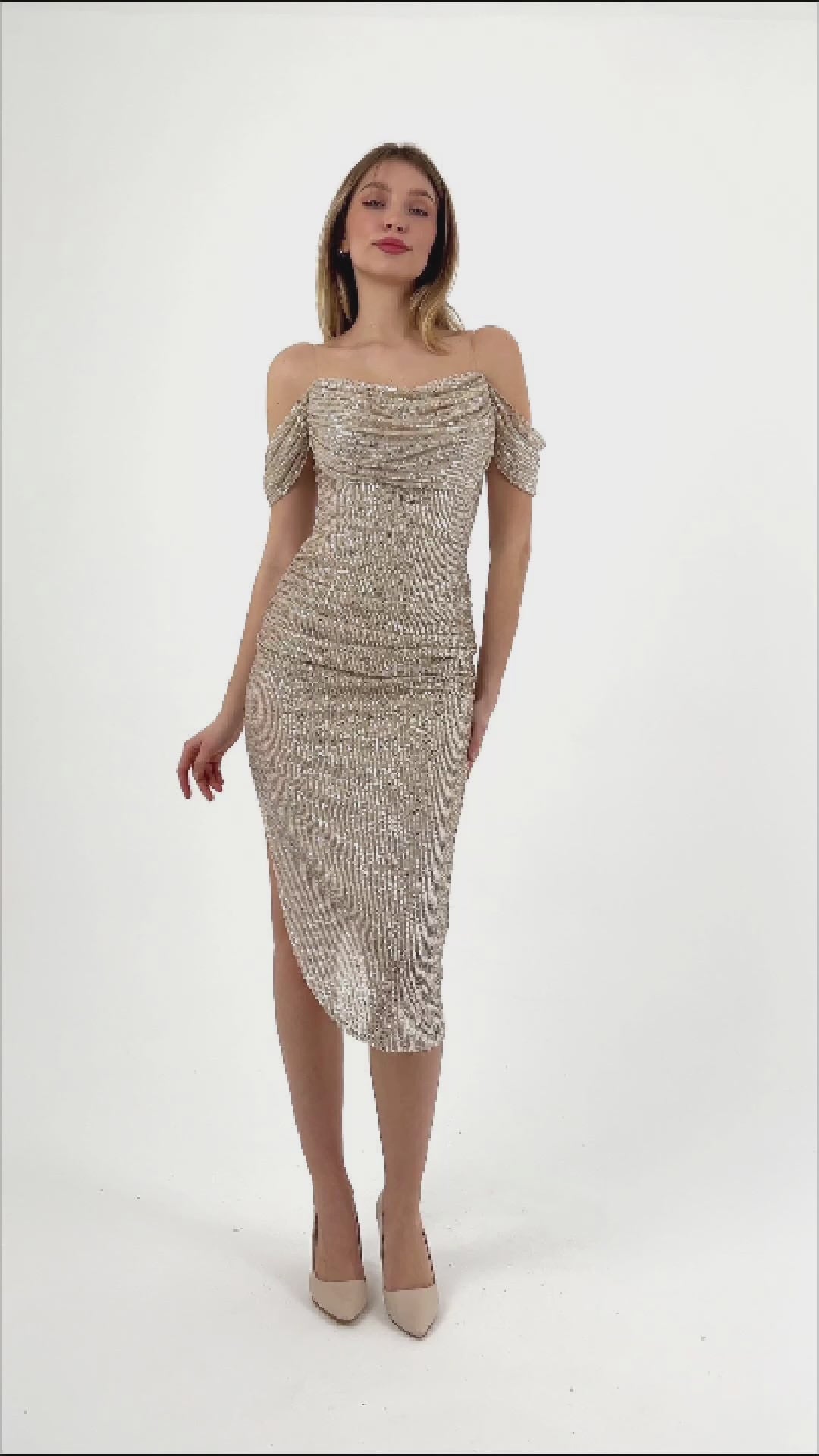 Gisele | Sequined Strapless Pencil Midi Evening Dress